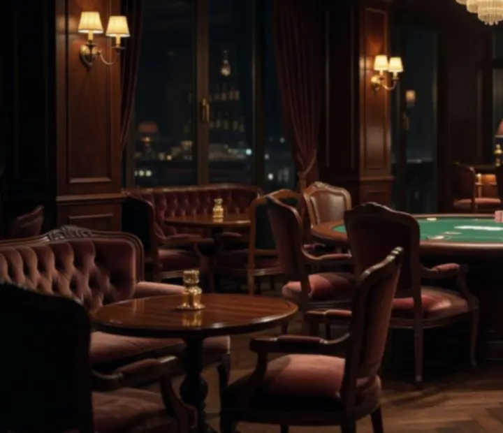 Ambiance chaleureuse avec tables de poker et lumi&egrave;res tamis&eacute;es