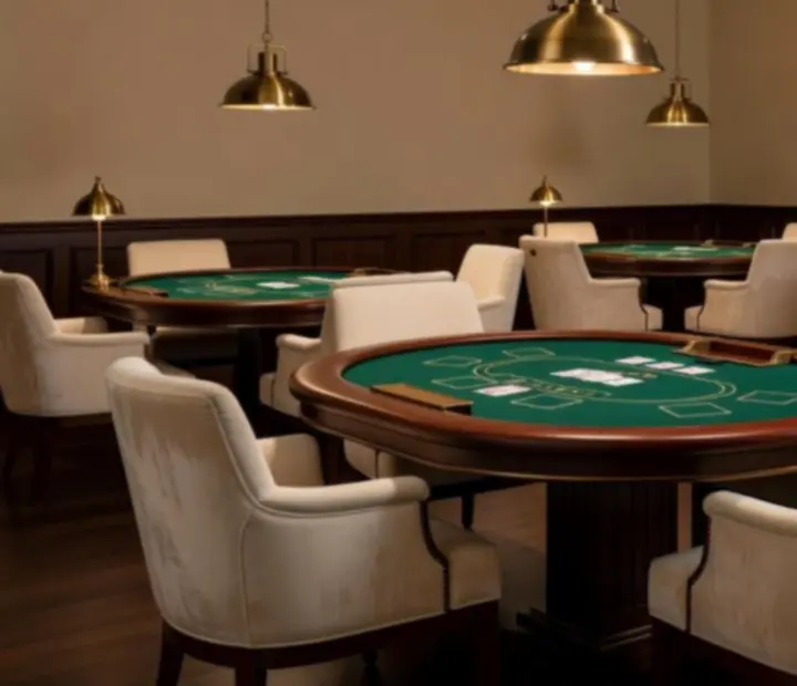 Ambiance chaleureuse du salon de cartes Savorellee avec lumi&egrave;res tamis&eacute;es et tables de poker