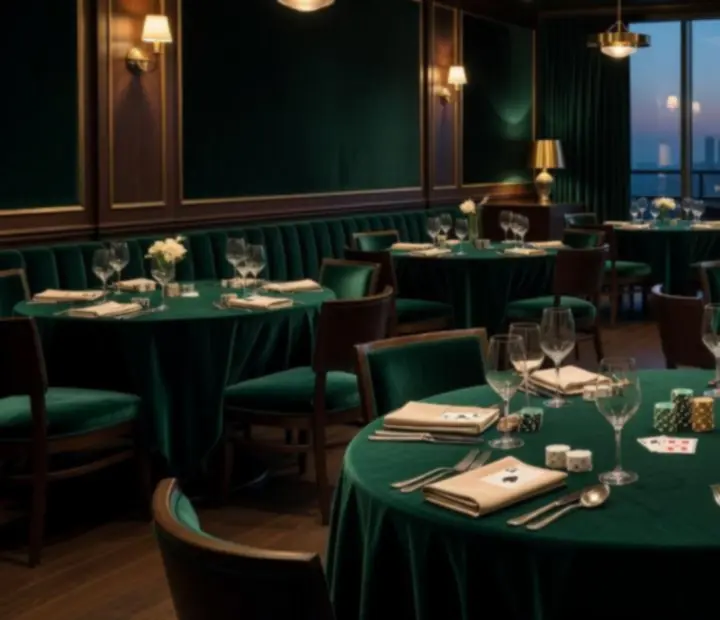 Ambiance d'événement privé chez Savorellee, mélange de restaurant élégant et de tables de poker.