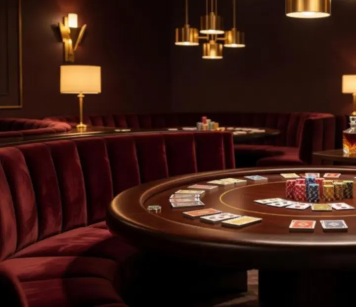 Lounge premium Savorellee avec tables de poker, fauteuils confortables et cartes pr&ecirc;tes &agrave; &ecirc;tre distribu&eacute;es