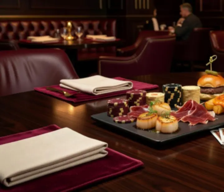 Planches de tapas et petits plats à partager disposés autour d'une table de poker