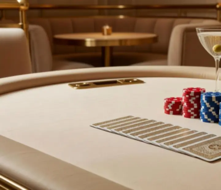 Table de poker entourée de cocktails signatures dans le salon de cartes Savorellee