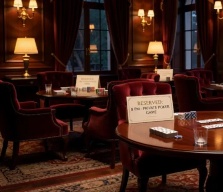 Salon de cartes élégant avec tables de poker et lumière tamisée chez Savorellee.