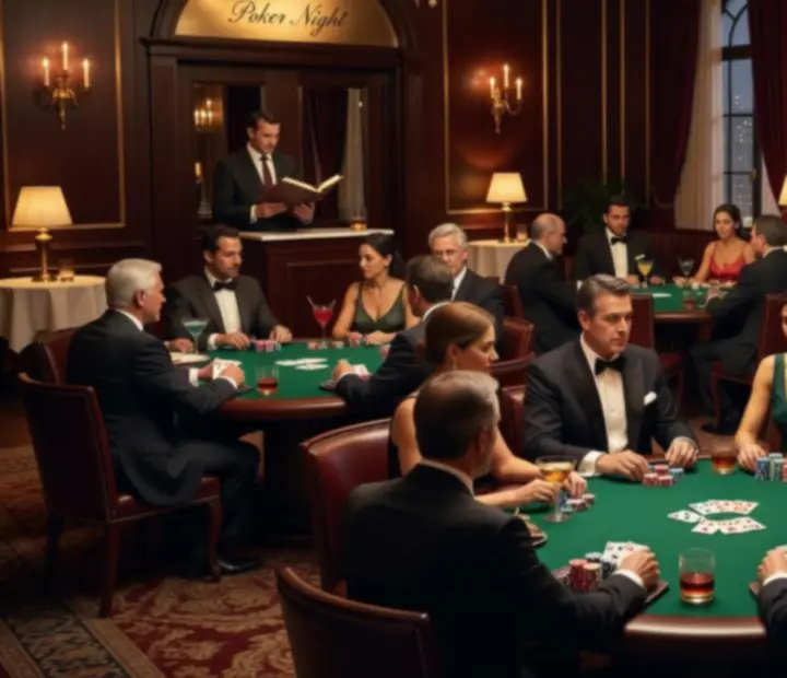 Soirée de poker en présentiel avec cartes, jetons et assiettes raffinées dans le restaurant Savorellee.