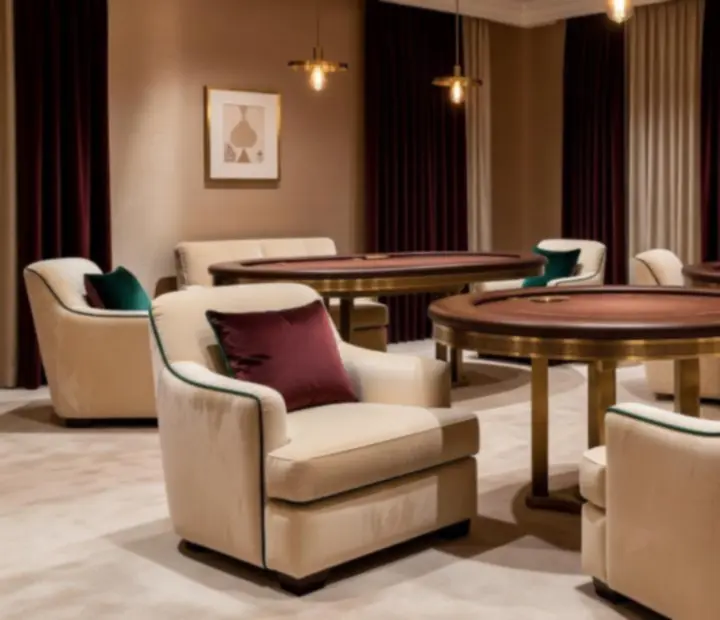 Salon de cartes élégant avec tables de poker et ambiance feutrée chez Savorellee