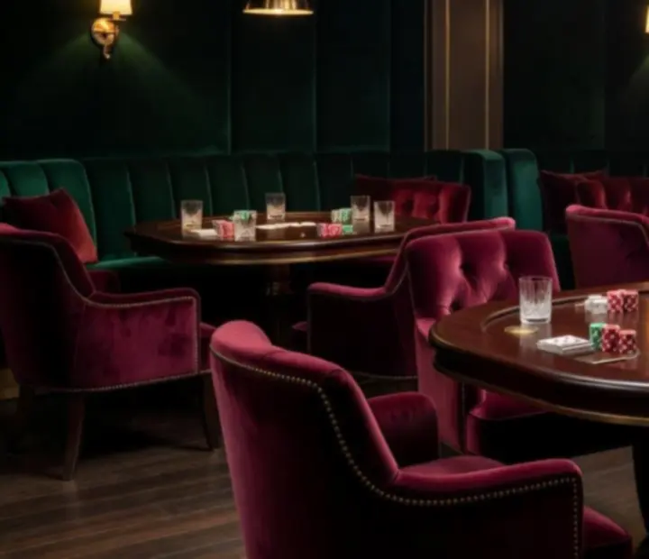 Ambiance de salon privé avec tables de poker et lumière chaleureuse