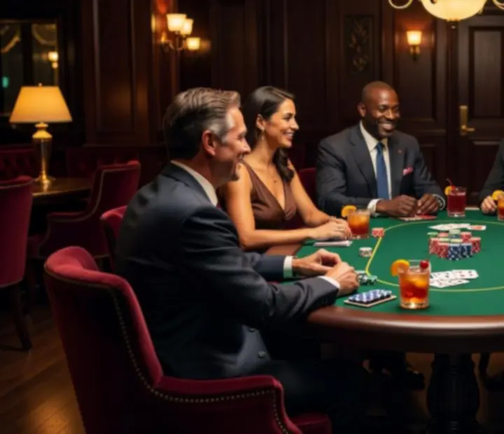 Soirée poker privée avec table dédiée et croupier dans un salon feutré