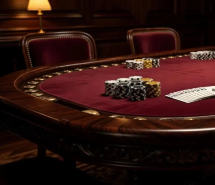 Table de poker artisanale Savorellee en bois pr&eacute;cieux avec tapis feutr&eacute; dans le salon de cartes